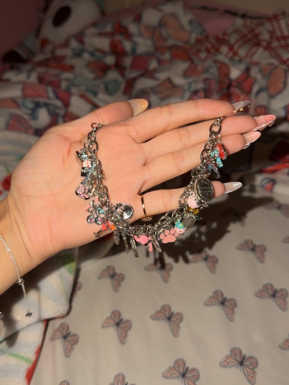 Silver Charm Bracelet with Pink and Turquoise Accents — Women's Fashion Bracelet